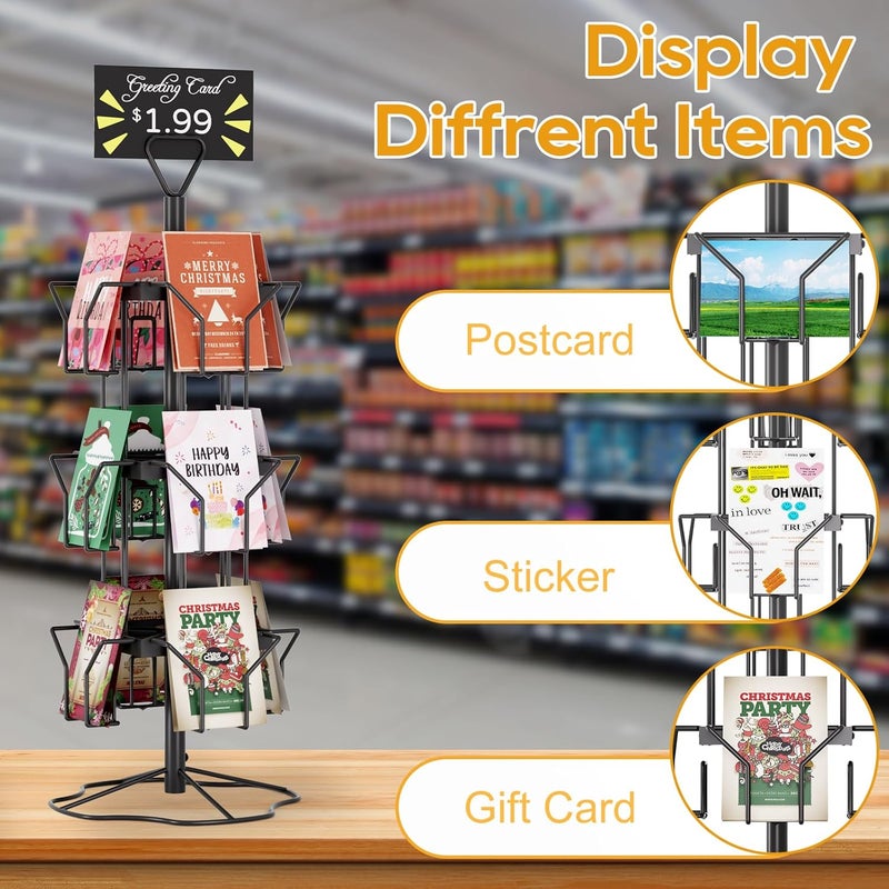 ORLESS Greeting Card Rack Display Stand, 3 Tier Rotating Card Holder Display Retail, 12 Pocket Metal Postcard Holder Display Stand, Greeting Card Holder for Postcards, Brochures, Stickers, Showcase(Black) - Image 3